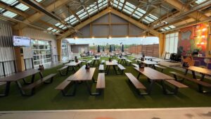 dining area with artificial turf