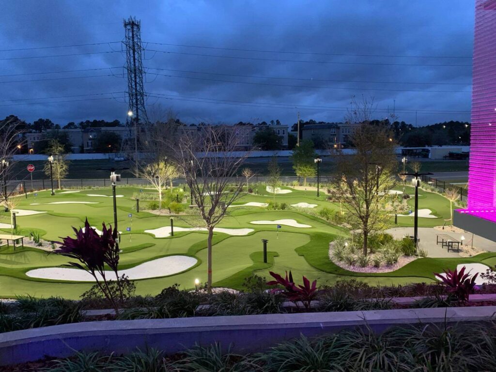 Night shot of an artificial grass mini golf course