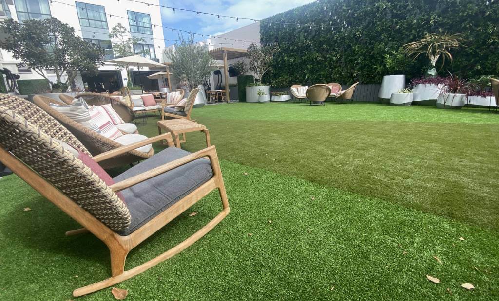 Commercial artificial grass seating area