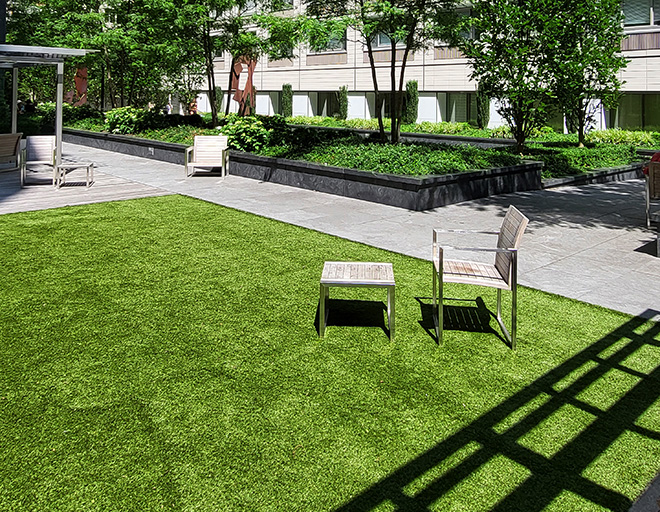 Artificial grass seating area from SYNLawn