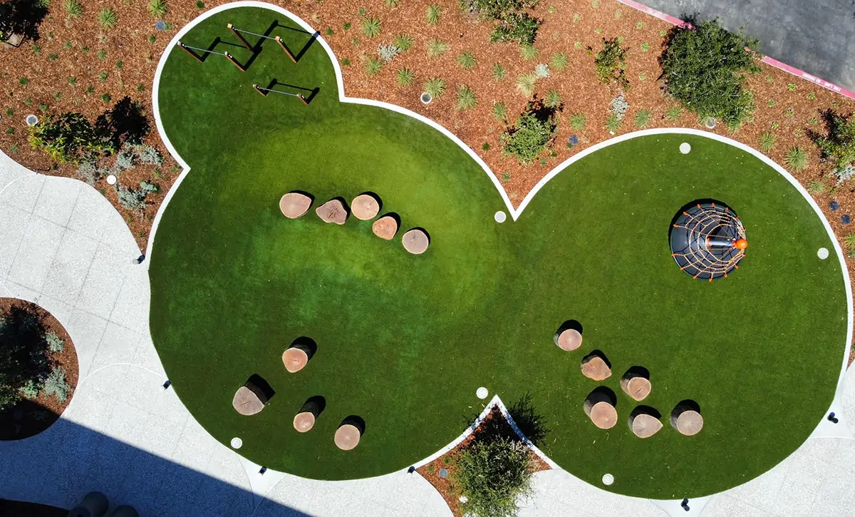 Drone shot of menlo park artificial grass installation